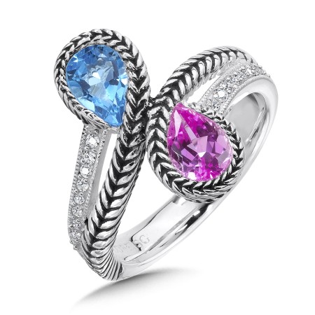 Sterling silver,  created pink sapphire and blue topaz diamond ring.