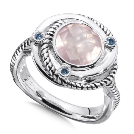 Sterling silver,  rose quartz and blue diamond ring