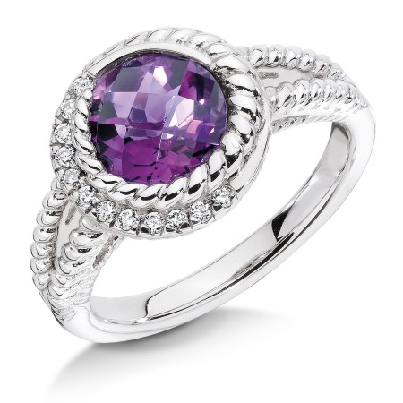 Sterling silver, purple amethyst and diamond ring