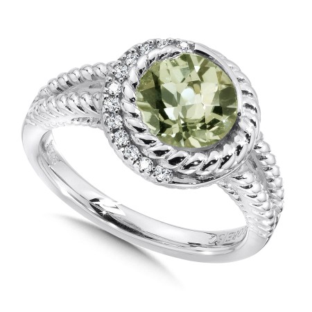 Sterling silver, green amethyst and white diamond ring