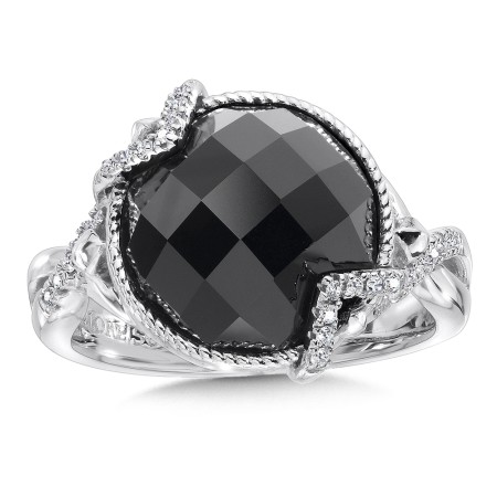 Sterling silver, onyx and diamond ring