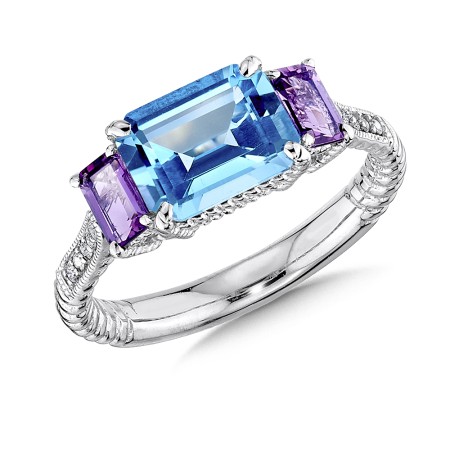 Sterling Silver, blue topaz and amethyst diamond ring