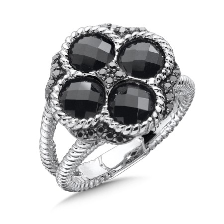 Sterling Silver Black Diamond & Onyx Split Shank Ring