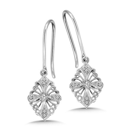 Ornate Sterling Silver Dangle Diamond Earrings - ESD003-W