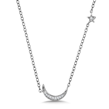 14K White Gold Moon and Star Diamond Necklace - PDD2757-W