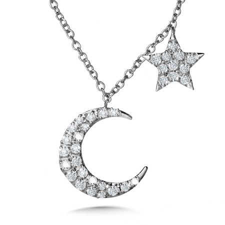 Asymmetrical Moon & Star Diamond Charm Necklace