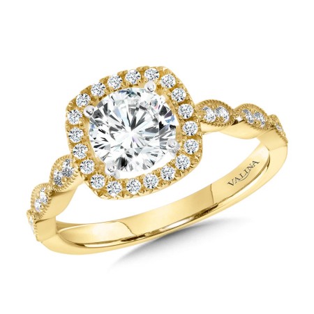 Valina Round - Scalloped & Milgrain-Beaded Cushion-Shaped Halo Engagement Ring - R1127Y-SR