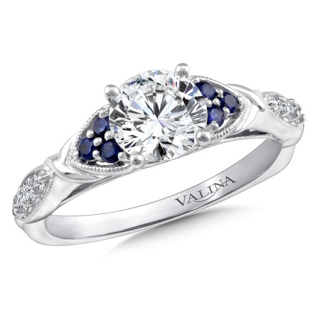 Straight Diamond and Blue Sapphire Engagement Ring