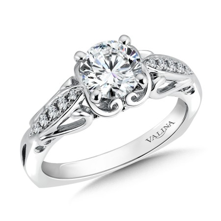 Open scroll design 14k white gold diamond engagement ring.