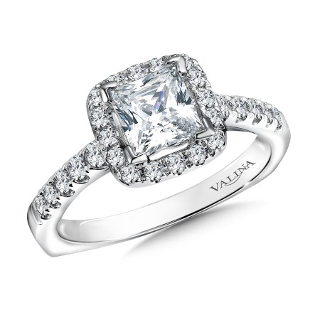 14k white gold princess shape diamond halo engagement ring.