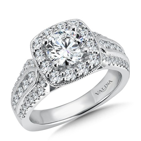 Cushion shape halo style diamond engagement ring by Valina.