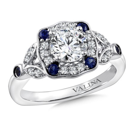 Diamond and Blue Sapphire Halo Engagement Ring