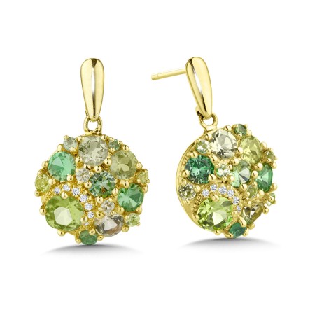 Round Green Garnet, Peridot, and Diamond Cluster Earrings - CGE162Y-GGPE