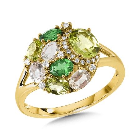 Round Green Garnet, Peridot, and Diamond Cluster Split Shank Ring - CGR162Y-GGPE
