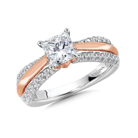 14k rose and white gold diamond engagement ring setting perfect for a 1-carat princess cut center. R1059WP