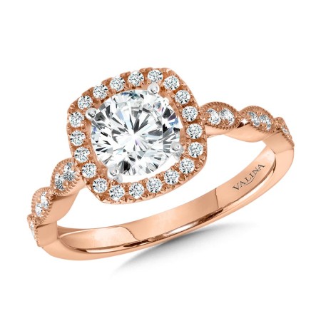 Valina Round - Scalloped & Milgrain-Beaded Cushion-Shaped Halo Engagement Ring - R1127P-SR