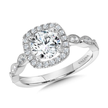 Valina Round - Scalloped & Milgrain-Beaded Cushion-Shaped Halo Engagement Ring - R1127W-SR