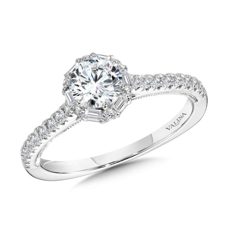 Valina - Six-Prong Milgrain-Beaded Baguette Halo Engagement Ring - R1105W
