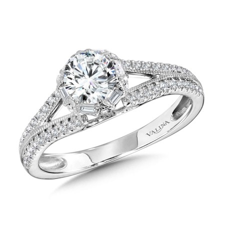 Valina - Six-Prong Milgrain-Beaded Split Shank Baguette Halo Engagement Ring - R1104W