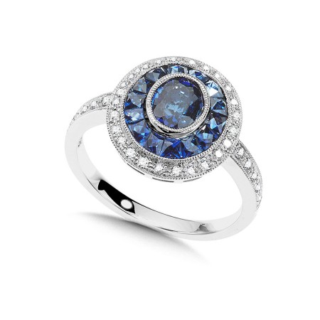 Vintage Oval Double-Halo Diamond and Sapphire Ring - CCS2543-W