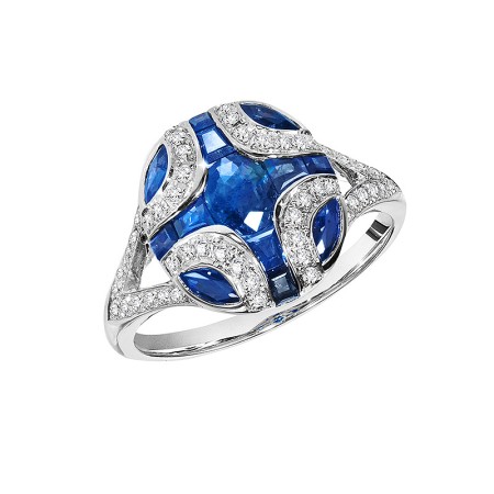 Vintage Split Shank Diamond and Sapphire Cocktail Ring
